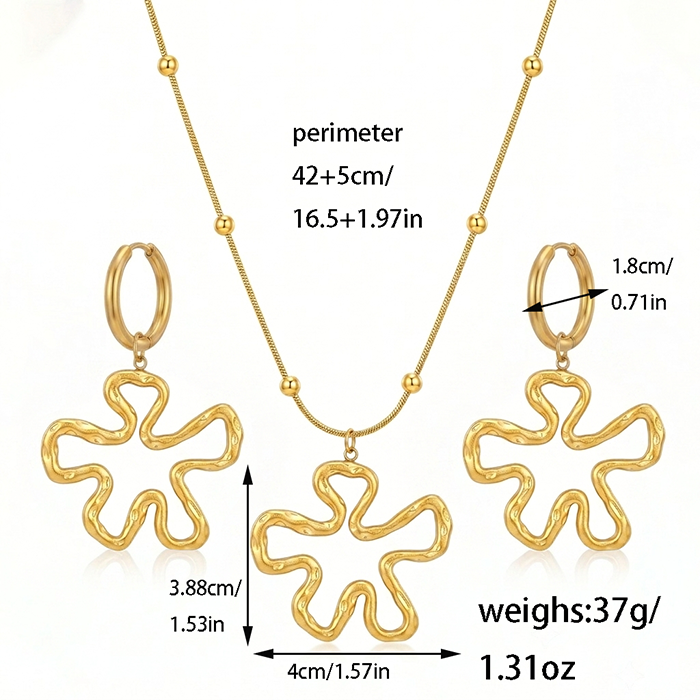 Abstract Wavy Flower Stainless Steel Jewelry Set, Gold Snake Chain Beaded Necklace & Hoop Drop Earrings, 2Pcs Hollow Floral Matching Accessory, Women Minimalist Daily Fashion Gift