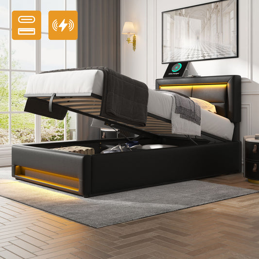 Upholstered Bed 90 X 200 Cm, With USB Port Supports Wireless And Wired Charging, With LED Lighting And Storage, Without Mattress, PU Lychee Pattern, Black