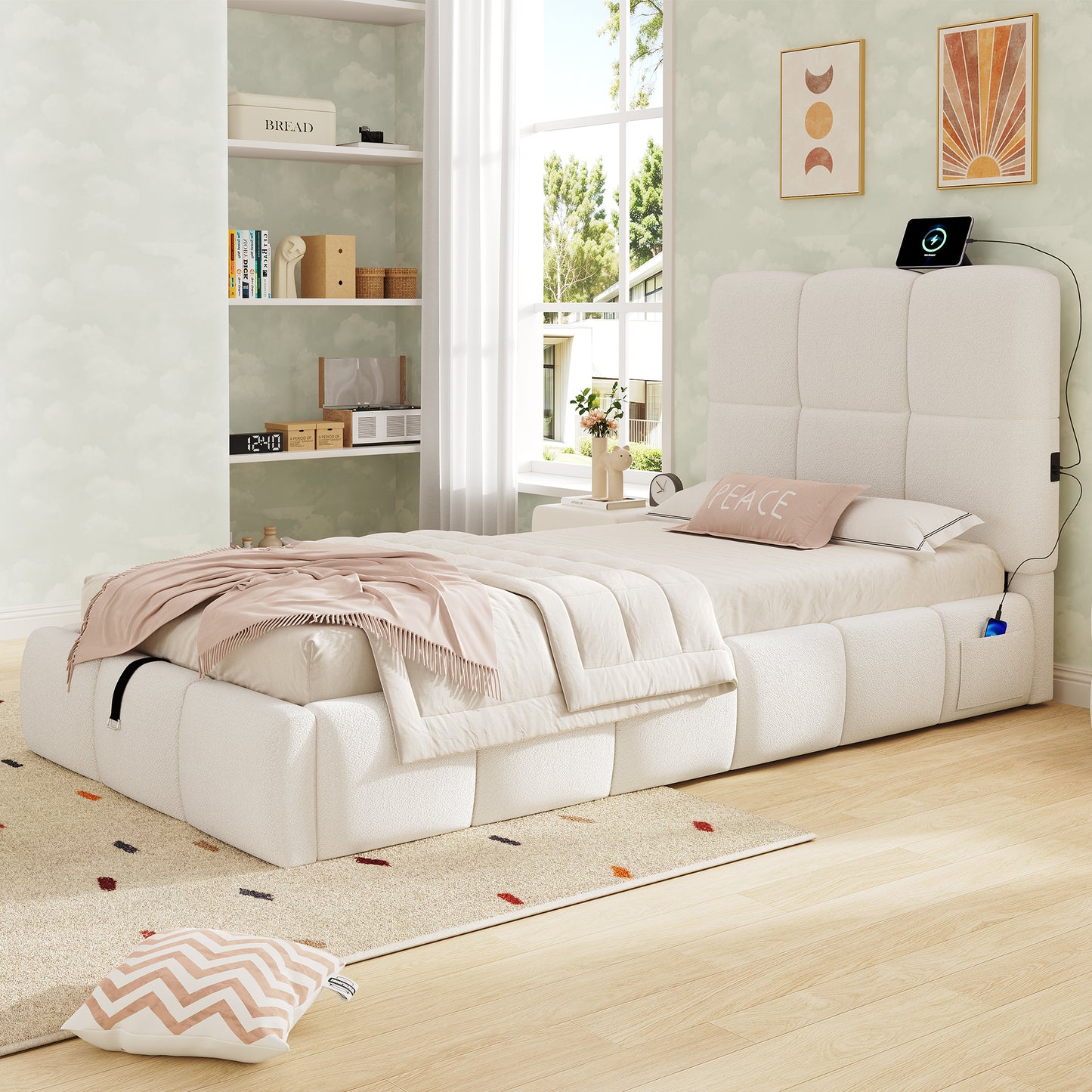 Upholstered Bed, Single Bed, Cot 90 X 200cm, Hydraulic Functional Bed, Bed With Slatted Base, Headboard, Large Storage Space And USB Charging Port, Upholstered Headboard, Boucle, Beige