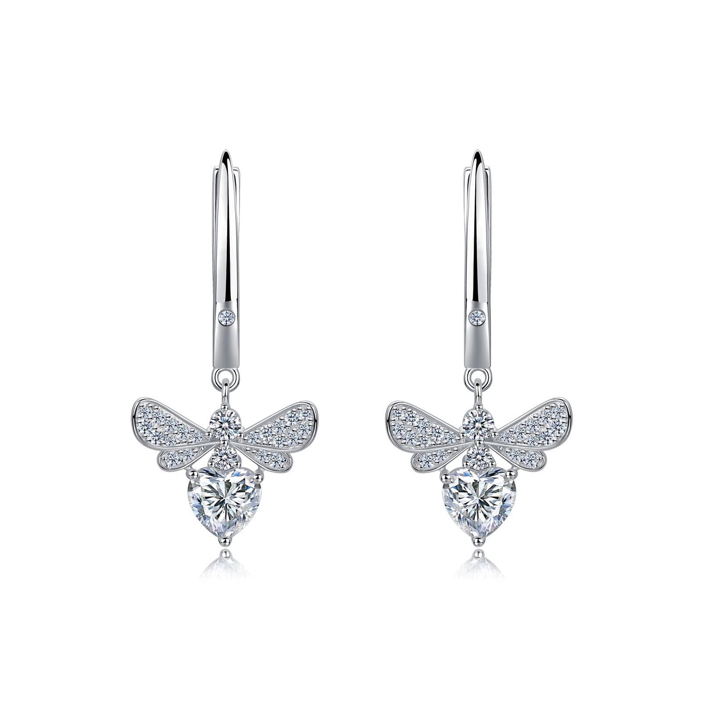 S925 Sterling Silver Heart Moissanite Wing Dangle Earrings, 6mm D-VVS1 Heart Cut Stone, Platinum Plated 3.9g Women's Jewelry Gift Box