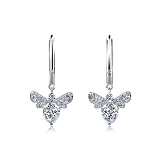 S925 Sterling Silver Heart Moissanite Wing Dangle Earrings, 6mm D-VVS1 Heart Cut Stone, Platinum Plated 3.9g Women's Jewelry Gift Box
