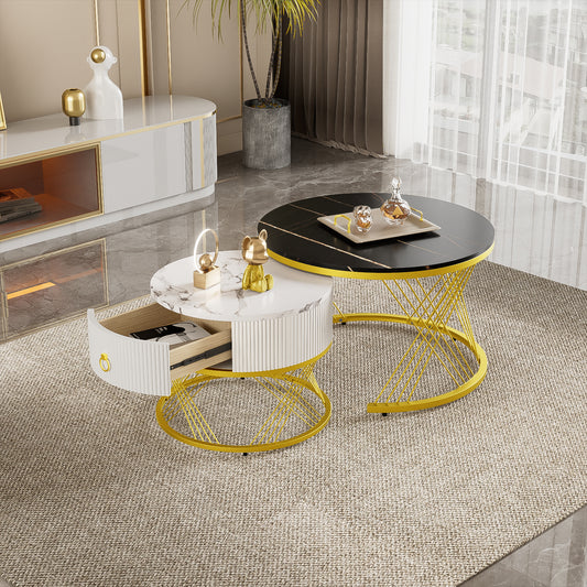 Elegant Composable Coffee Table  Marble Effect, Gold Decor, Side Table With Drawers - Set Of 2