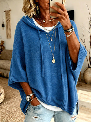 New Knitted Hoodie With Drawstring, Loose Fit Outerwear Sweater