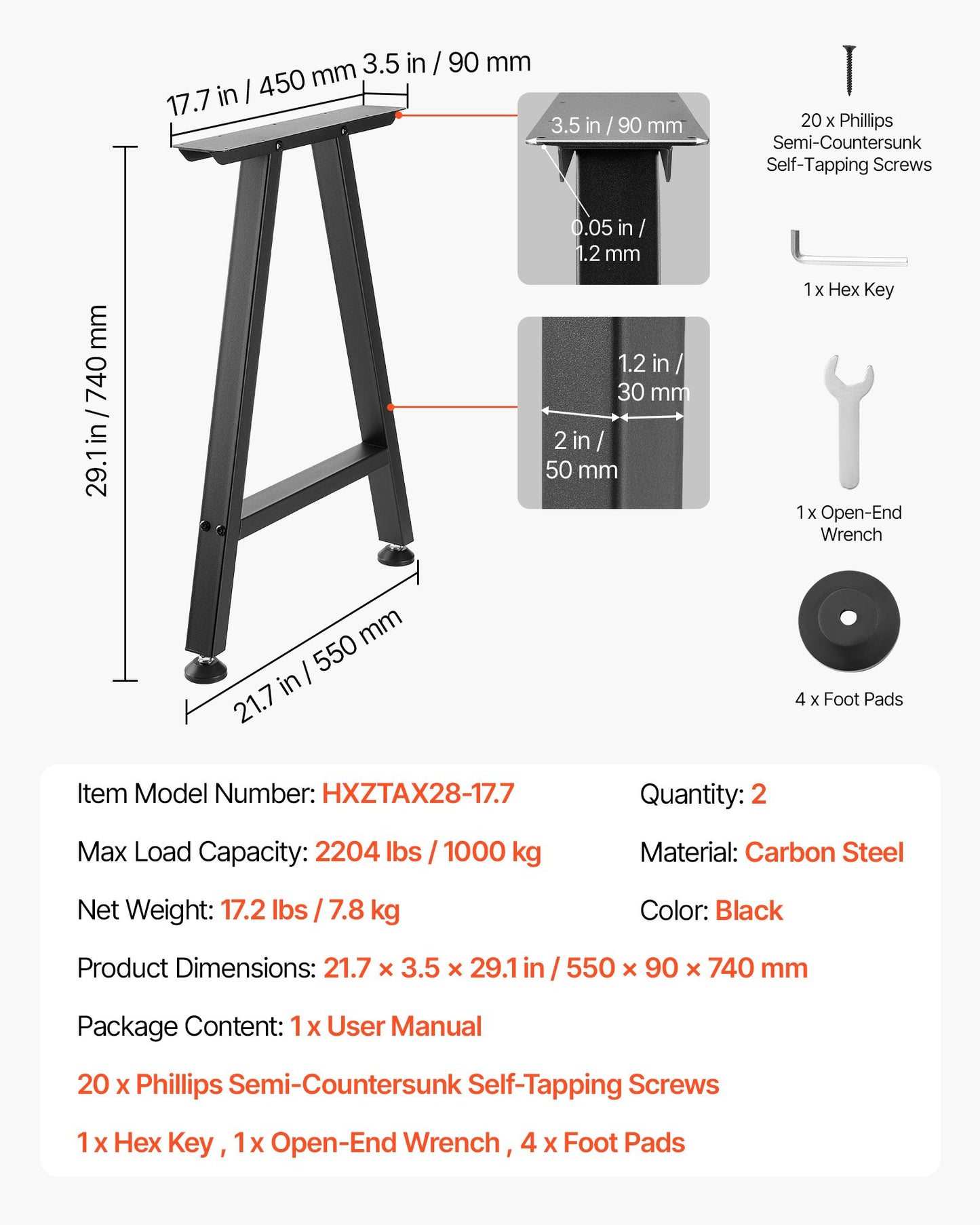 Table Legs, 29.1" H X 21.7" W Trapezoid Steel Furniture Legs, Modular Design, Easy Assembly, 2204 Lbs Max Load Heavy Duty, Ideal For Home Office Desk, Coffee Dinner Bar Tables,Set Of 2, Black