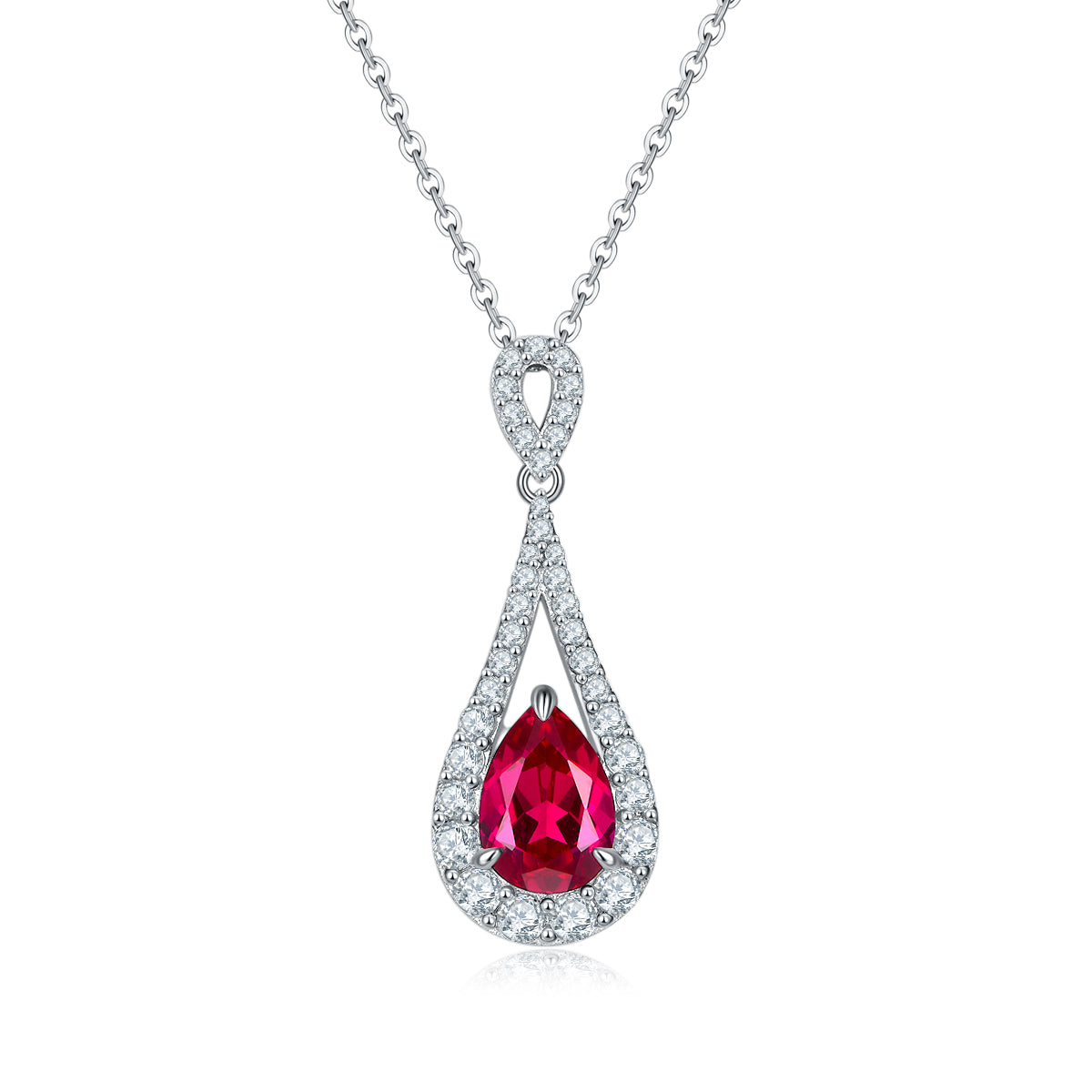 S925 Sterling Silver Teardrop Pendant Necklace, 11x7mm Lab-Grown Ruby & Emerald, Platinum Plated 45cm, 3.7g Women's Jewelry Gift Box