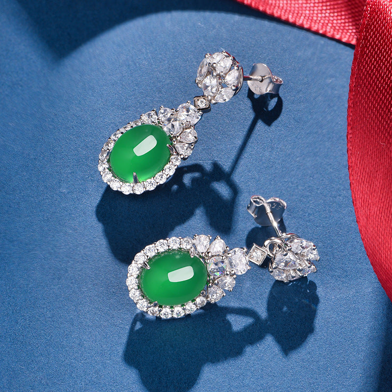 S925 Sterling Silver Dangle Earrings 10x8mm Oval Green Chrysoprase, Platinum Plated Elegant Drop Earrings For Women With Fashion Gift Box