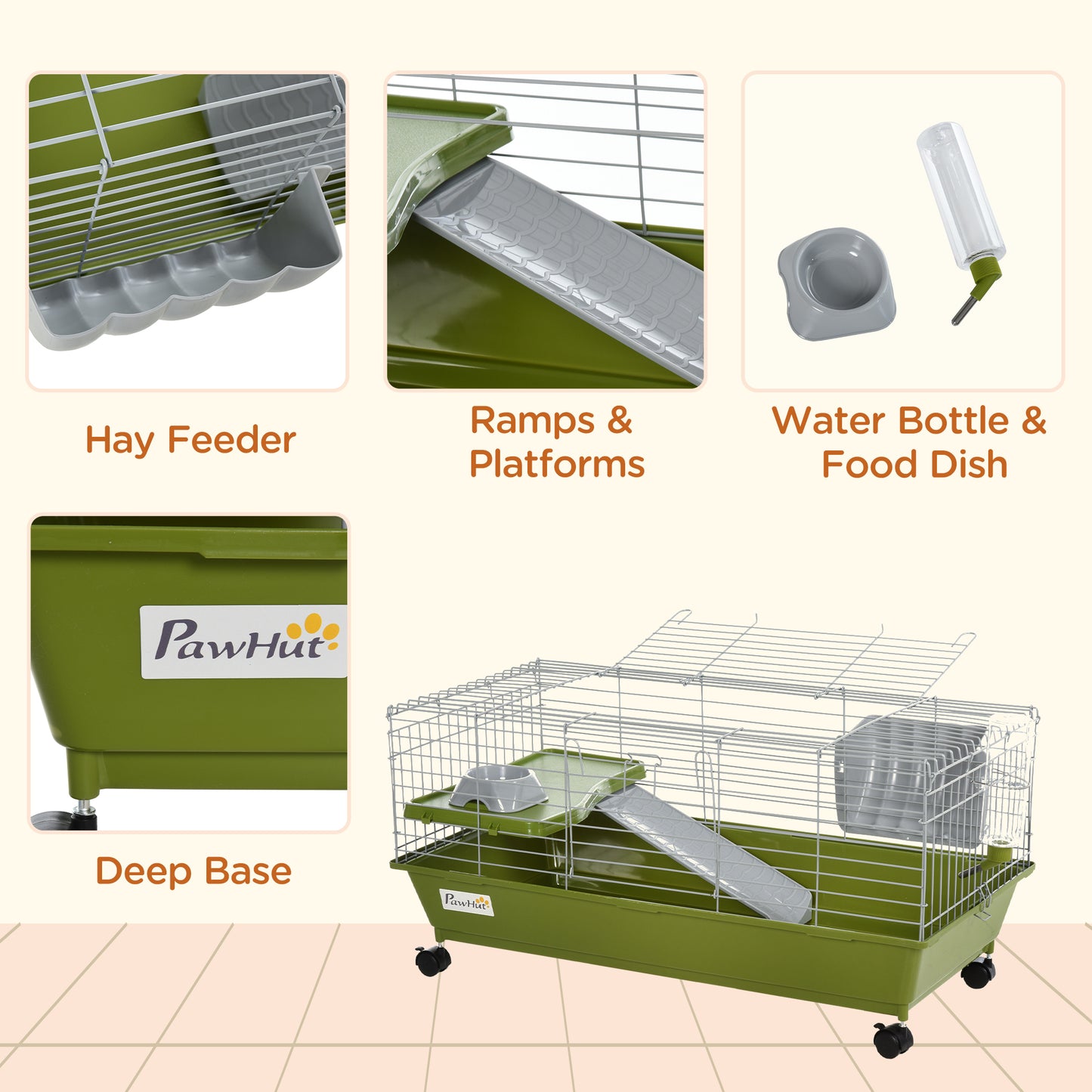 35"L Small Animal Cage, Rolling Bunny Cage, Guinea Pig Cage with Food Dish, Water Bottle, Hay Feeder, Platform, Ramp for Chinchilla, Green