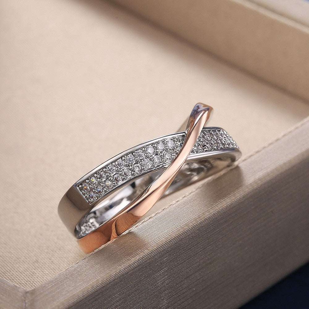 Cross-border Hot Selling Copper Plated White K Inlaid Zircon Simple Personality X-shaped Two-tone Ring