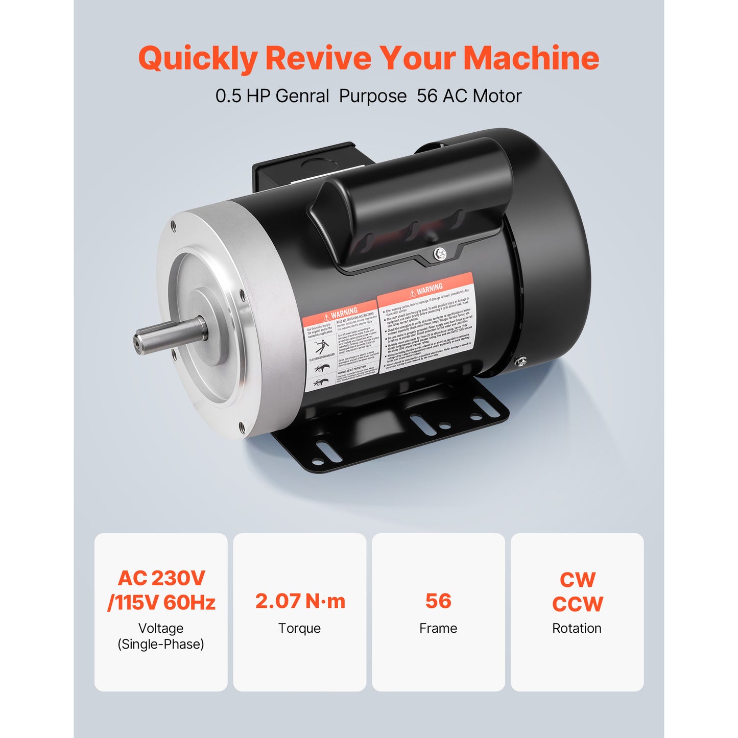 0.5 H P Electric Motor, 1725RPM Air Compressor Motor, CW CCW Rotation, 5 8 Inch Shaft Diameter, 1.88inch Shaft Length, 2.07N.m Torque, Single-Phase, TEFC Cooling, 115V 230V, 56 Frame