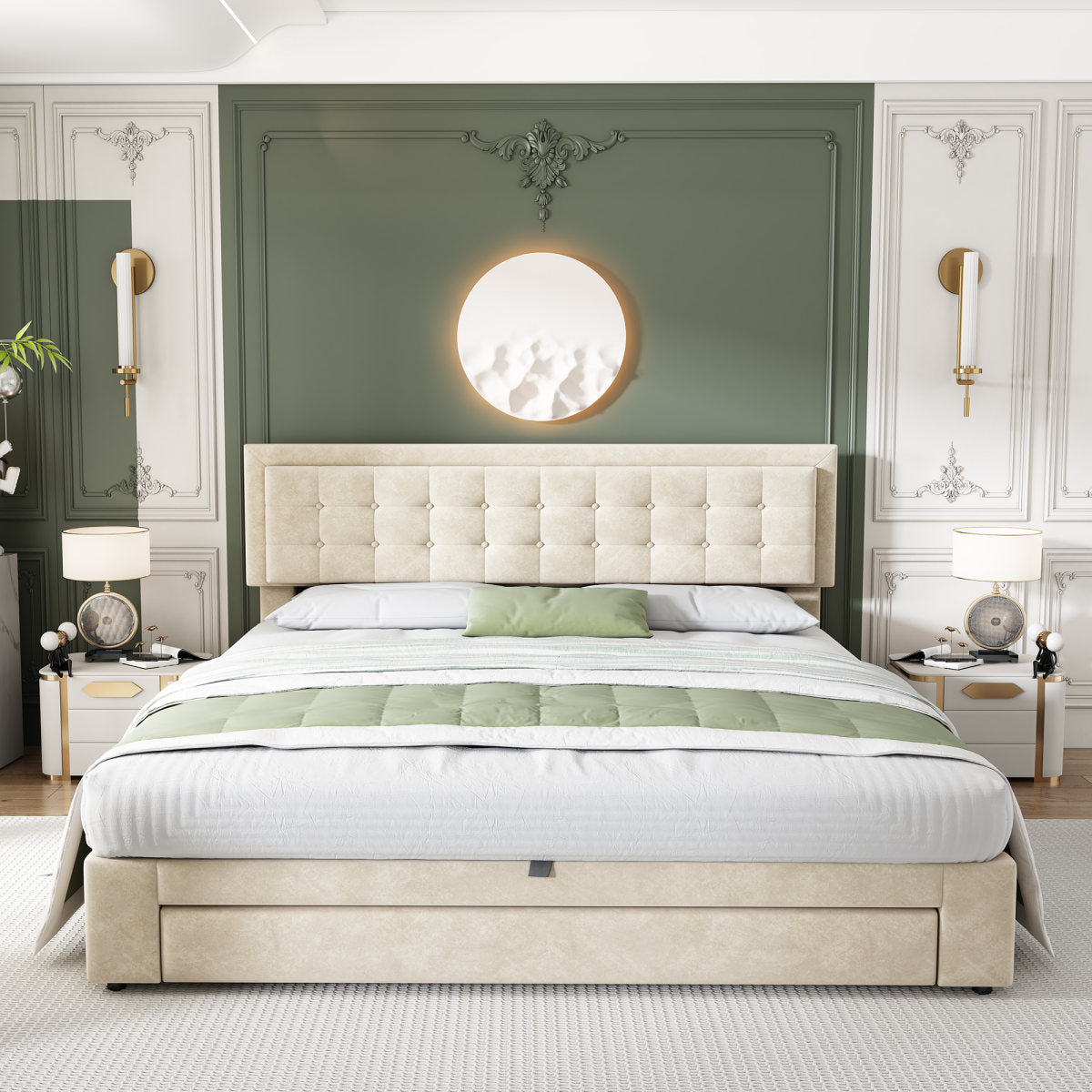 Bed With Box And Drawers, Velvet Fabric, Upholstered Bed, Slatted Base, Double Bed, Large Storage Space, 160 X 200, Beige