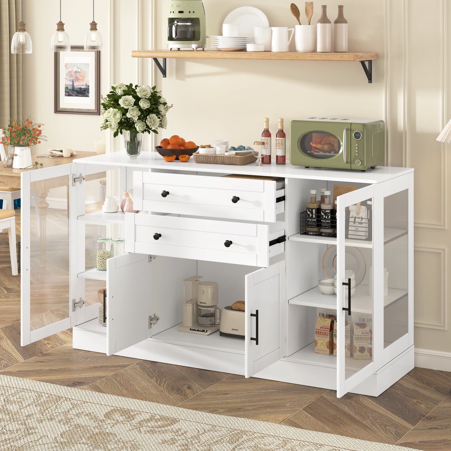 U- Style 58.3  Modern Buffet Sideboard With 4 Doors & 2 Drawers  Adjustable Shelves  Power Outlet  Acrylic Panels  Aluminum Alloy Handles  Storage Cabinet For Dining Room  Living Room And Kitchen