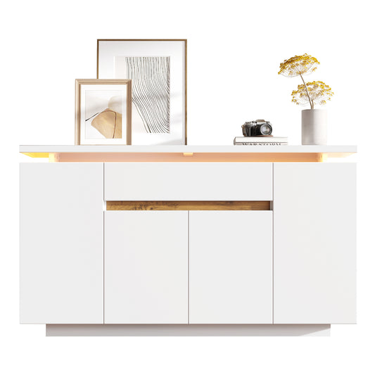 Modern LED Sideboard, 1 Drawer & 4 Doors Storage Cabinet, White  Natural, Perfect For Living Room, Hallway, Or Kitchen, Dimensions  140 X 40 X 80 Cm