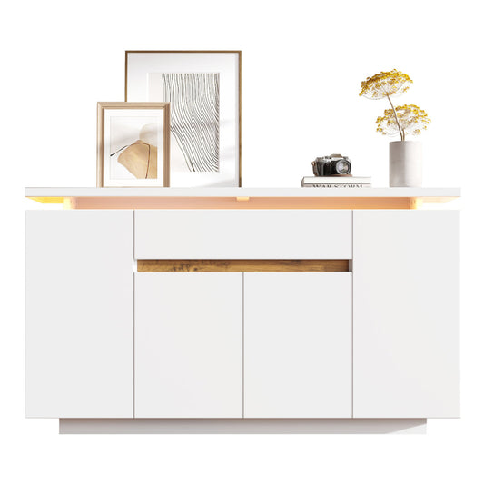 Modern LED Sideboard, 1 Drawer & 4 Doors Storage Cabinet, White  Natural, Perfect For Living Room, Hallway, Or Kitchen, Dimensions  140 X 40 X 80 Cm