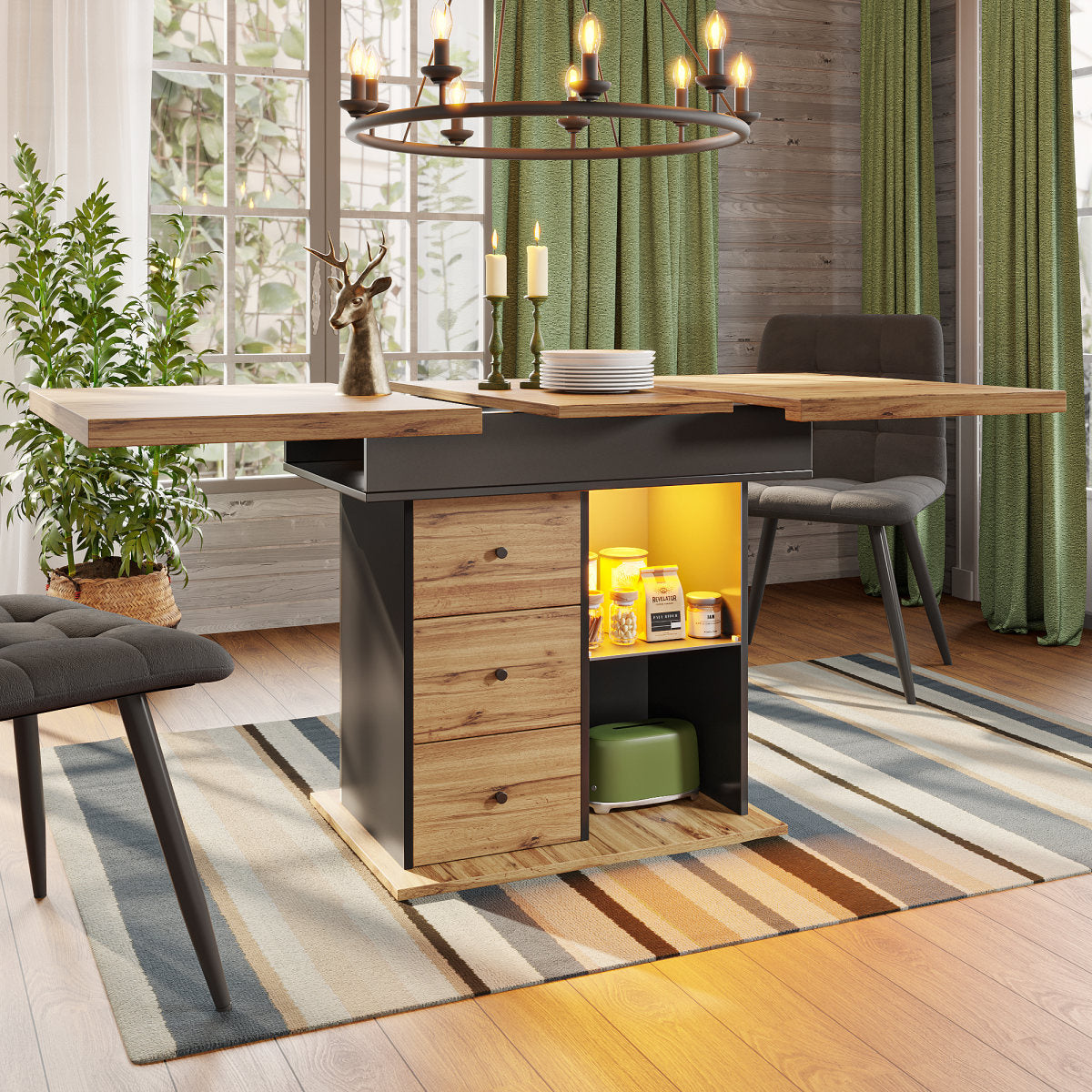 Telescopic Dining Table  110 140 X 80 Cm, Foldable Kitchen Table For 4 -6 People, Extendable Dining Table, Space Saving Kitchen Table, For Kitchen And Living Room, Table With LED Lighting