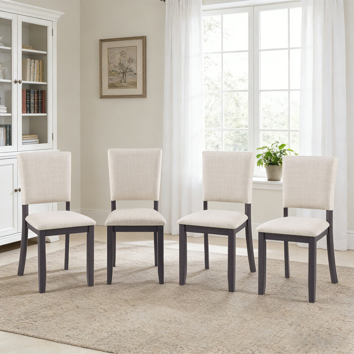 Dining Chairs Only, Modern Minimalist Dining Chairs Set of 4, Kitchen Chair with Padded Seat, Wooden Upholstered Side Chair for Dining Room, Living Room, Kitchen, Antique Black & Beige