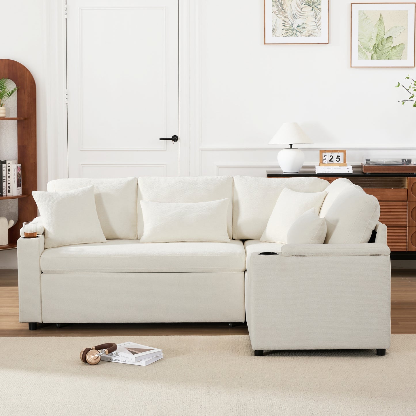 L-shaped Pull-out Corner Sofa, Canape Convertible With Storage, Cup Holder, USB Charging Port, Armrest Rest And Four Cushions. Suitable For Living Room, Guest Room, Home Theaters And Living, Beige