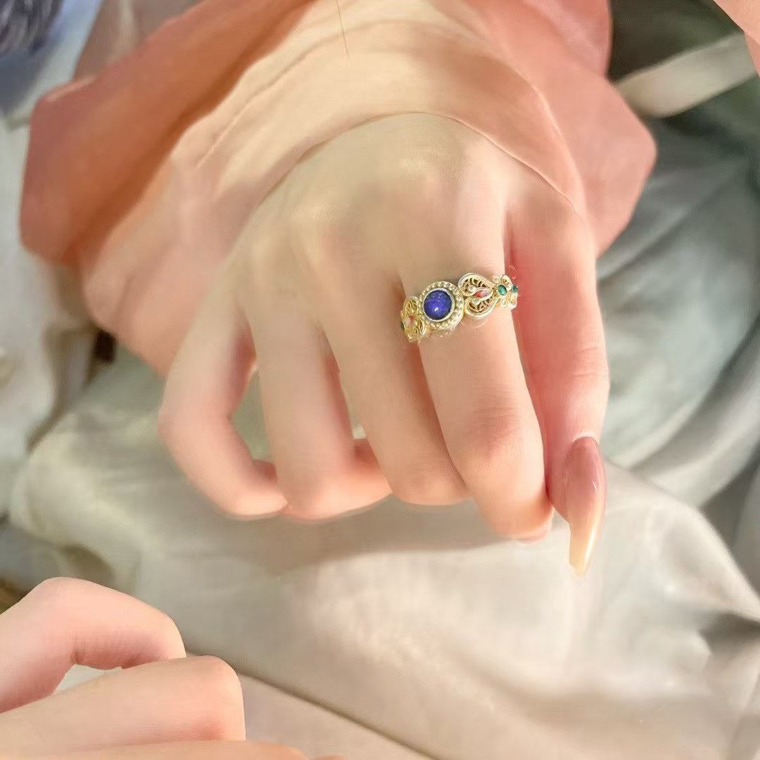 1pcs 999.9 Sterling Silver Gold-Plated Enamel Floral Ring, Luxury Retro Style, Ideal For Birthdays & Holiday Gifts