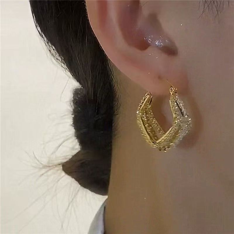 2026 New Spring & Summer Hong Kong Style Light Luxury Super Sparkly Alloy Geometric Square Hoop Earrings, High-End Designer Elegant Ear Rings For Women