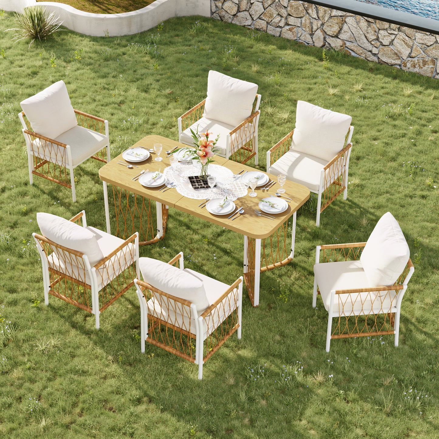 Modern Outdoor Set , Leisure And Meeting Set For Several People , Iron Frame , Braided Armrests , Seat Cushion Included