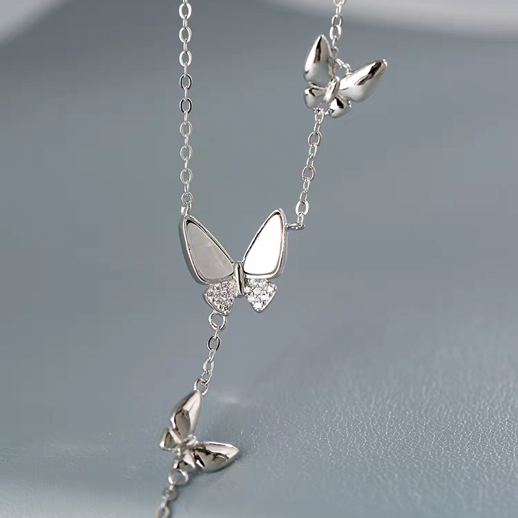 1pc 999 Sterling Silver Mother Of Pearl Butterfly Tassel Pearl Necklace, Luxurious Sweet Style, Perfect For Daily Wear & Valentine's Gifts