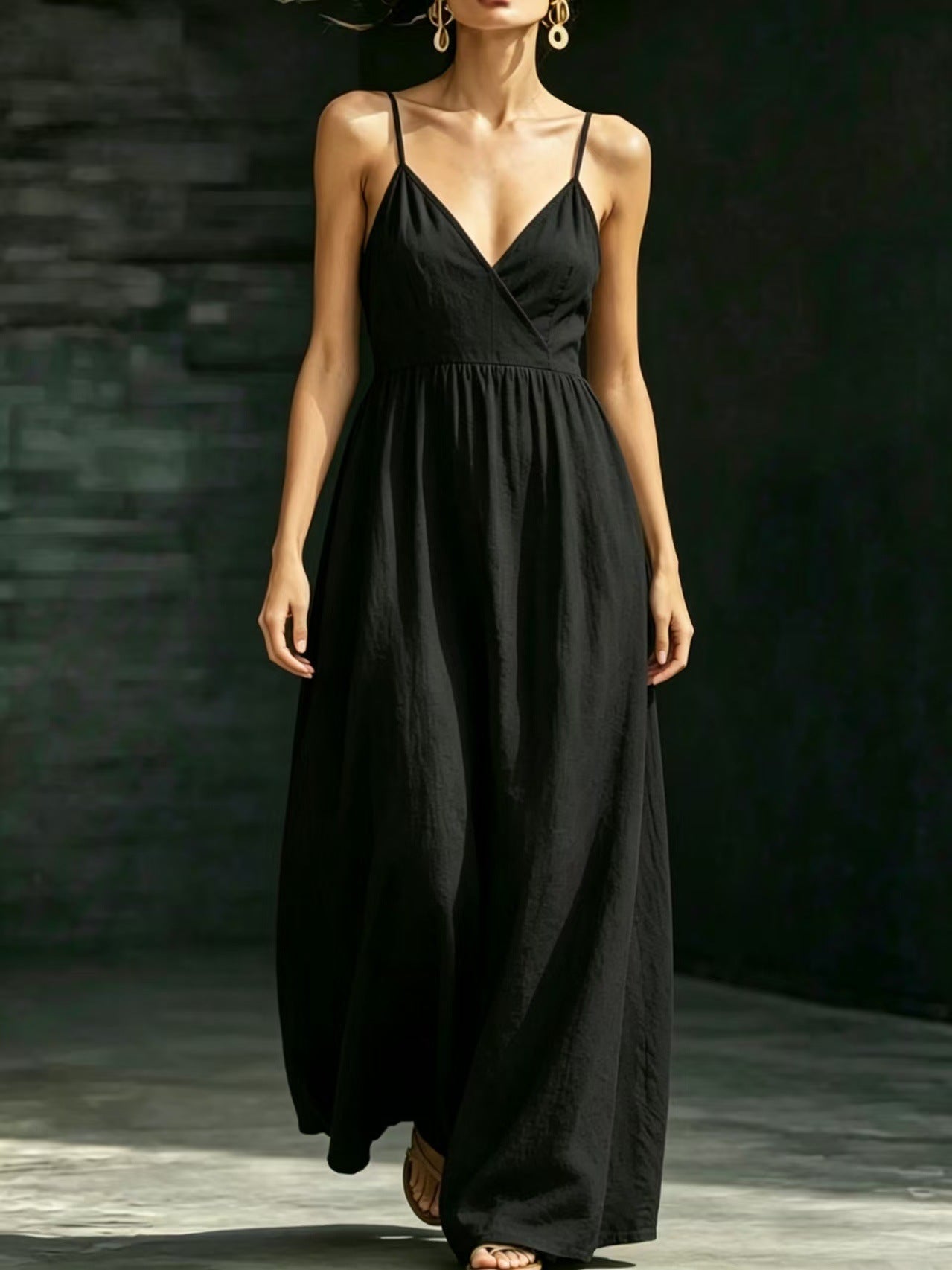 Summer V-Neck Spaghetti Strap Maxi Dress With Pockets - Elegant Vacation & Office Wear For Women