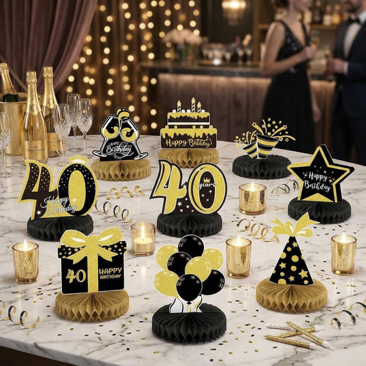 Honeycomb Decoration Set For 40th Birthday (9-Piece), Black And Gold Table Decorations For Men And Women, Honeycomb Balls For Anniversary And Birthday Party Decorations, Event And Party Supplies