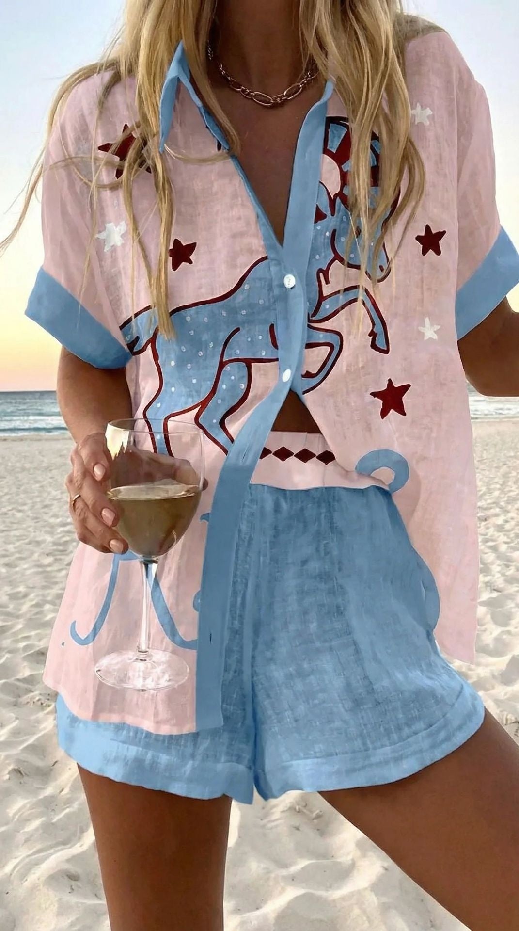 Women's Fashion Printed Casual Vacation Style Cardigan Shorts Suit