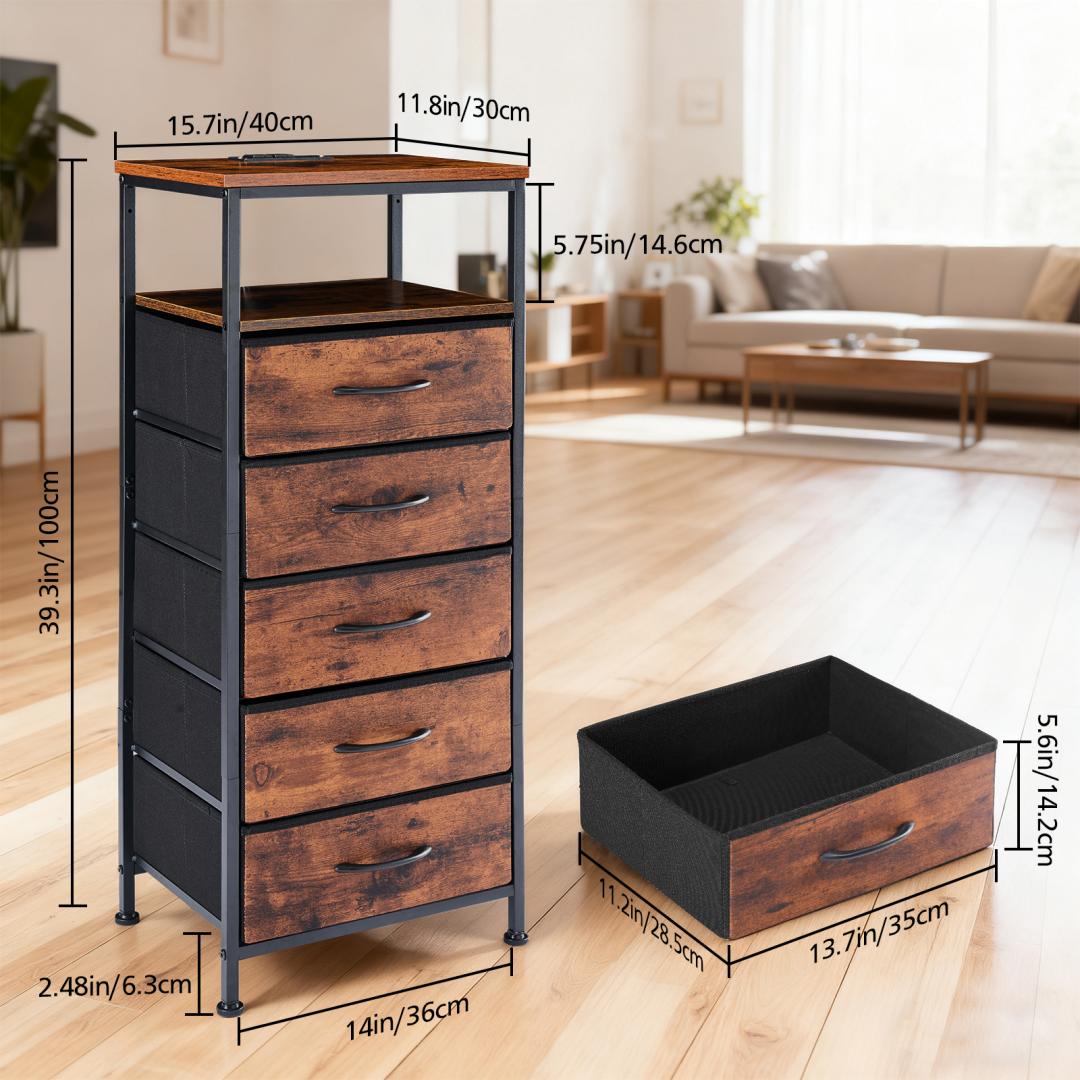 Nightstand With Charging Station, Bedside End Table With 5 Fabric Drawers & USB-Type-C Ports And Outlets
