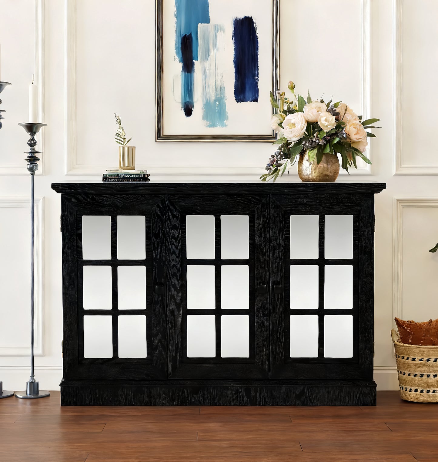 45 W Storage Cabinet With 3 Mirrored Acrylic Doors, Sideboard With Adjustable Shelves For Living Room Dinning Room Kitchen, Black Decorative Laminates And MDF Substrate Buffet With Magnetic Door