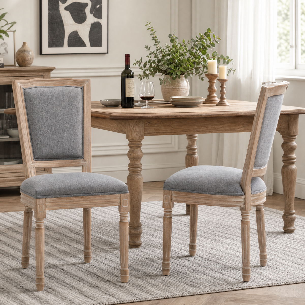 Farmhouse Solid Wood Frame Dining Chairs with Cushioned Linen Seat & Top-Wide Backrest for Kitchen, Dining Room, Living Room, Grey, Set of 2