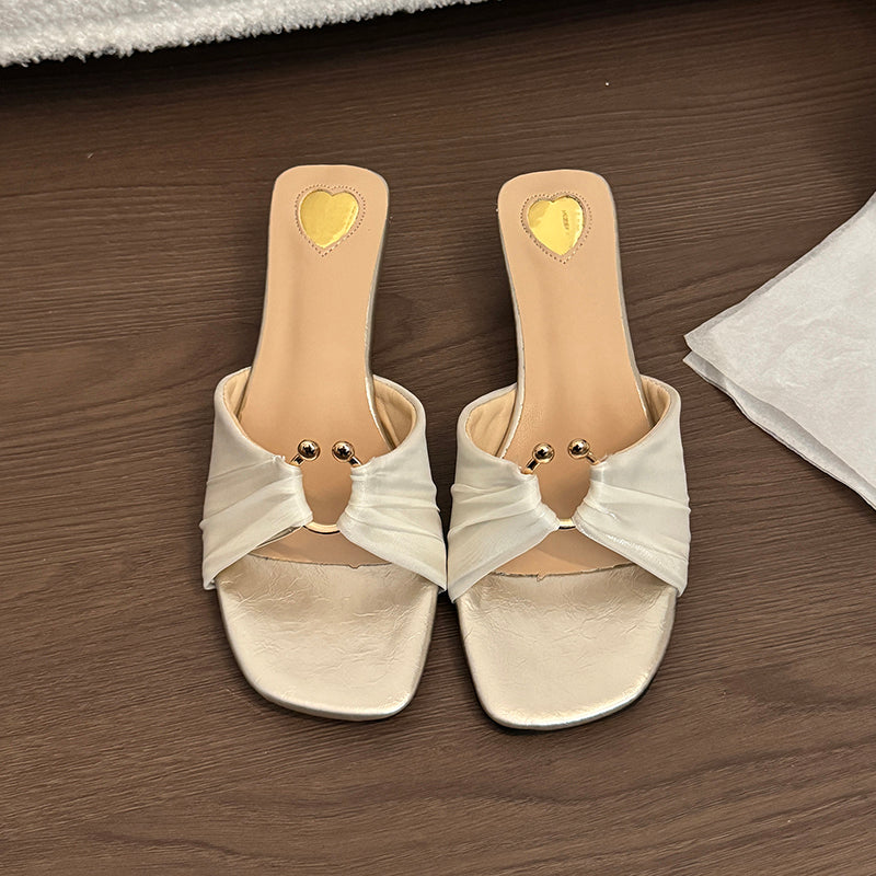 Women's Gentle Vacation Style Slide Sandals, 2026 Summer Elegant Outdoor Slippers With Ruched Design, Metal Buckle & Wedge Heel