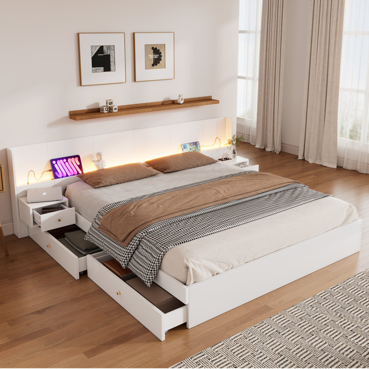 Double Bed 180X200cm, Double Bed, Wooden Bed, Youth Bed, With USB Interface, With LED Lighting And Socket, Controllable By Mobile APP, 2 Bedside Tables, With Drawer Shelf, Without Mattress, White
