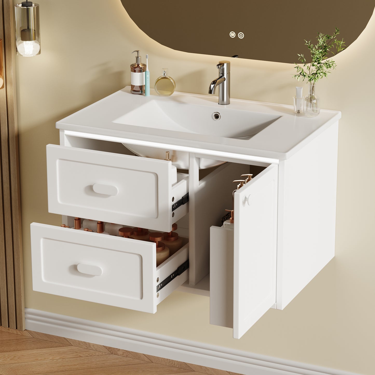 76x46x51cm Bathroom Wall Cabinet, Fully Painted, LED R Adar Sensor Lighting, Two Drawers, Quiet Sliding Rails, Integrated Washbasin, White