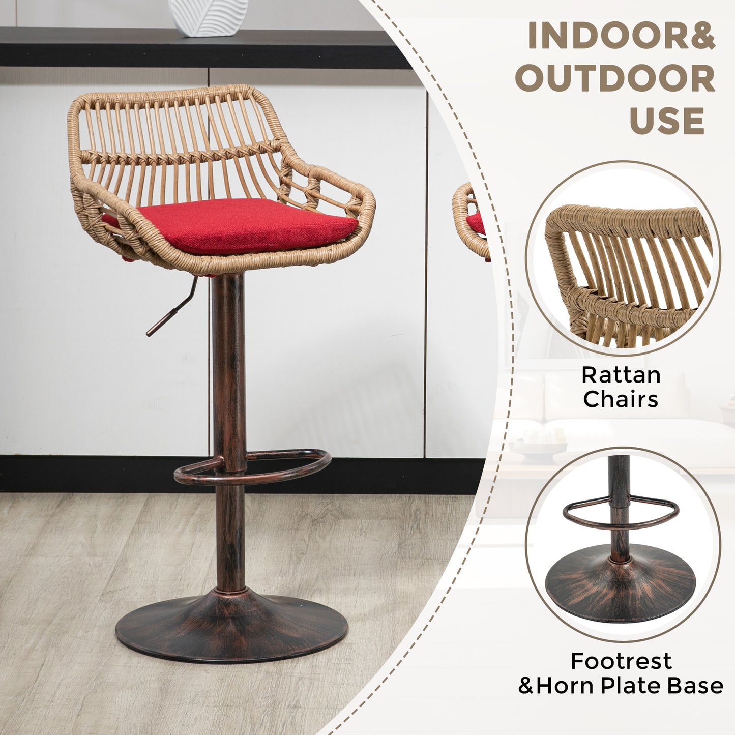 Modern Swivel Bar Stools Set Of 2 Adjustable Counter Height Chairs With Footrest For Kitchen, Dining Room  Red