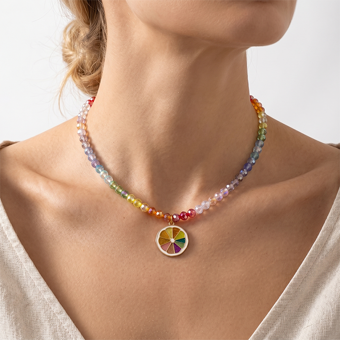 Rainbow Glass Bead Fruit Choker Necklace For Women, Stainless Steel Chain With Cute Citrus Lemon Slice Pendant, Colorful Summer Jewelry Gift