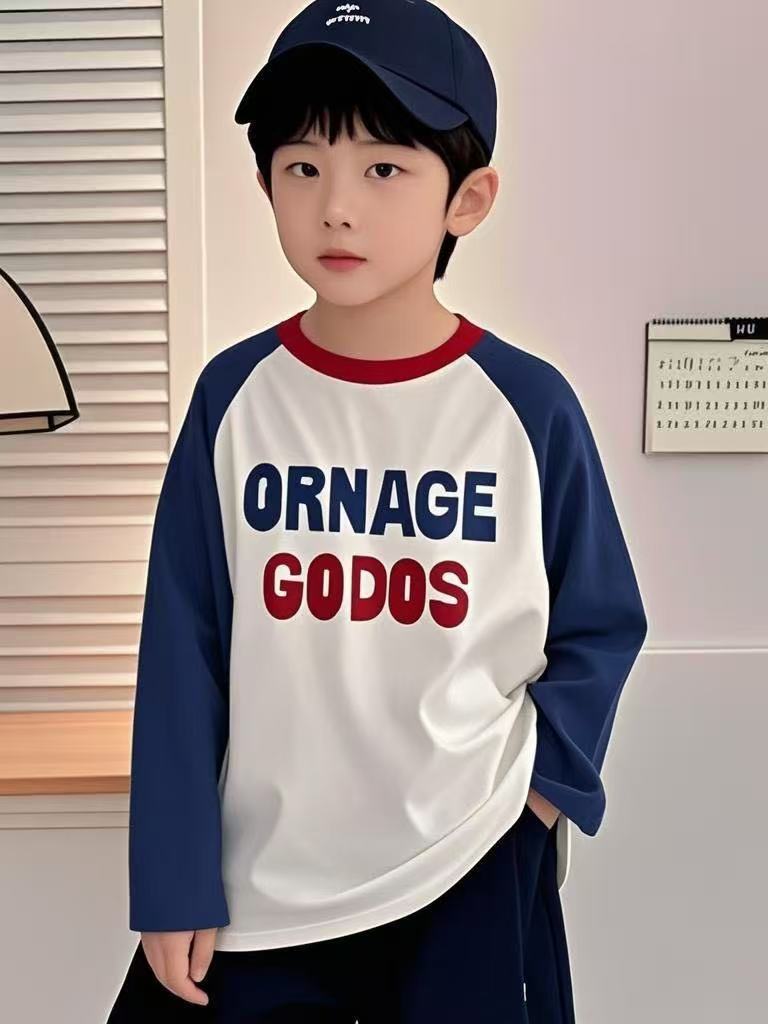 Girls' Cotton Top, Korean-Style Color-Block Raglan Long-Sleeve T-Shirt