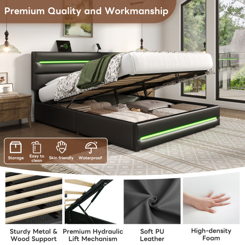 5ft King Upholstered Bed Frame With Hydraulic Storage, PU Ottoman Bed With LED Lighting And Charging Station, LED Adjustable Headboard With USB And Type - C Ports, Black