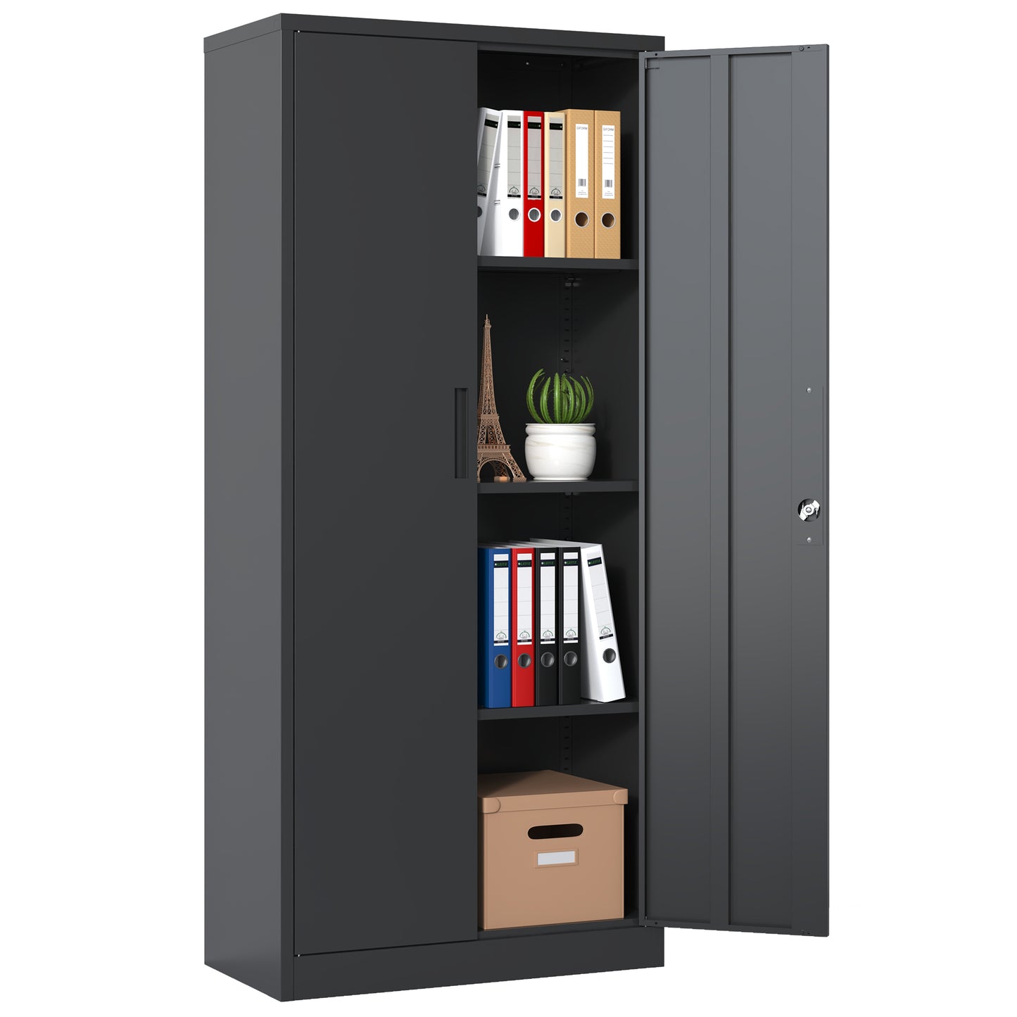 71 H Metal Garage Storage Cabinet, Black Tool Steel Locking Cabinet With Doors And 3 Shelves, Tall Cabinets For Garage Storage Systems Lockable File Cabinet For Home Office, Classroom Pantry