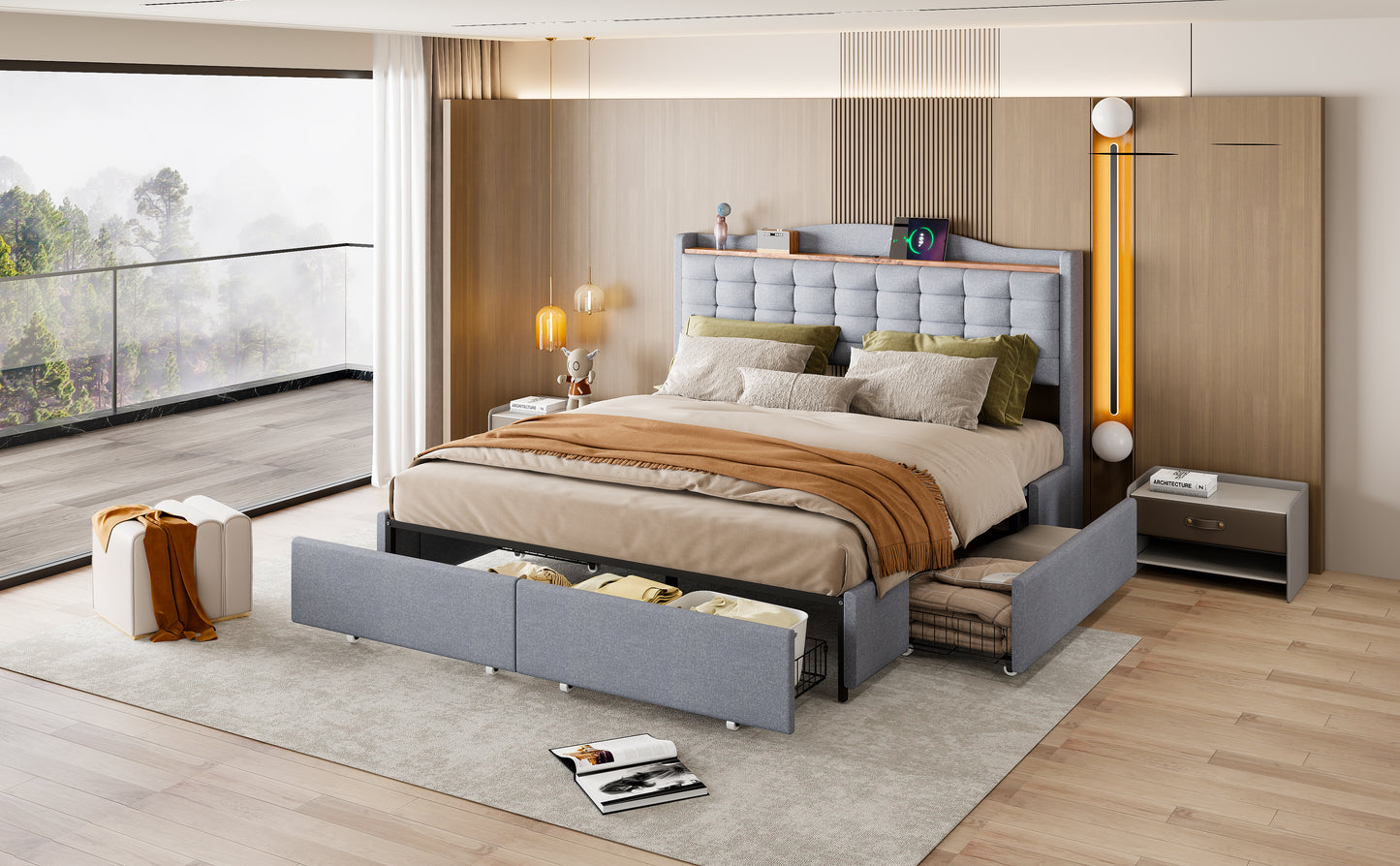 Upholstered Bed 160x200 Cm, Bedside Table With USB Charging Port And Shelf, Double Flat Bed With 4 Drawers, Linen Fabric Grey