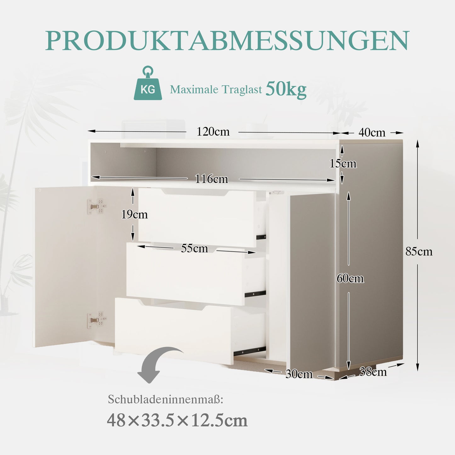 Modern White Multifunctional Cabinet With Open Shelf, Three Drawers And Doors On Both Sides. White Matt Look With Metal Rails And Rounded Edges. Ideal For Living Room, Dining Area Or Office.