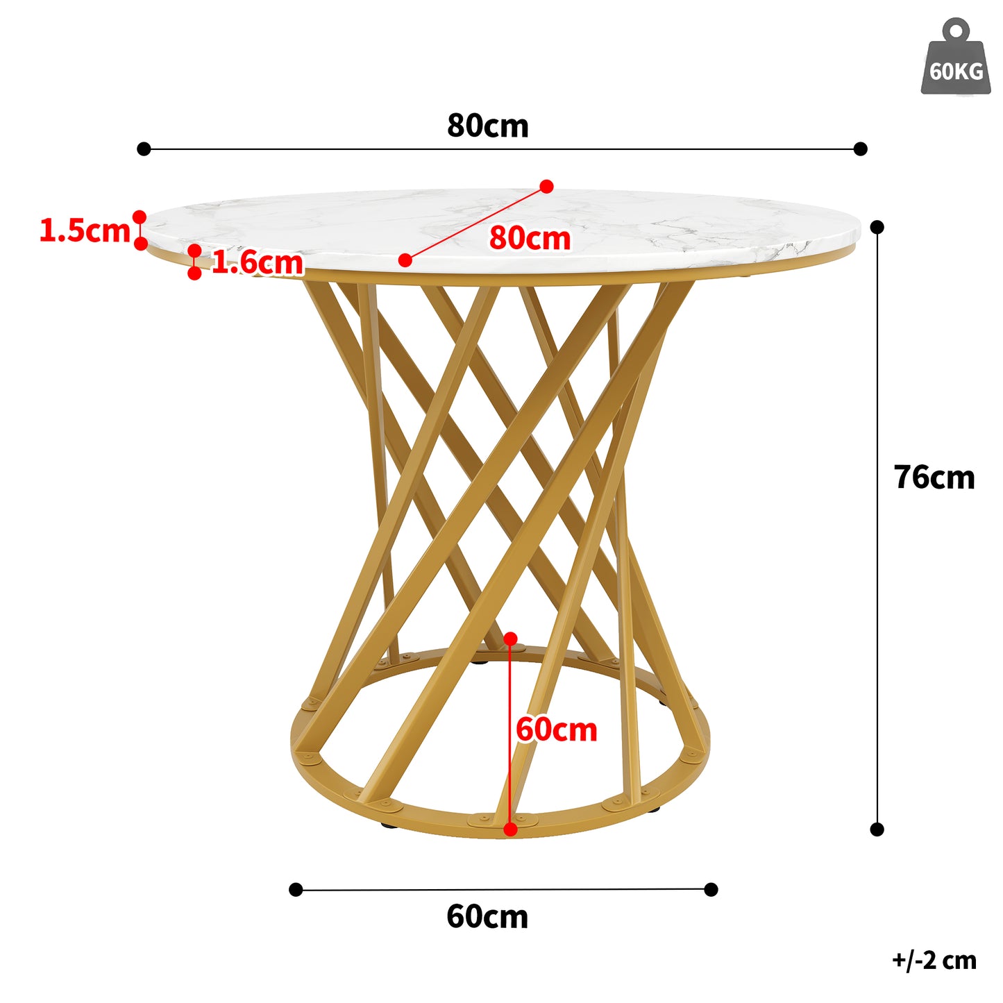 Round Dining Table  80x80x76cm , Kitchen Table, Round Coffee Table For 4, Suitable For Dining Room, Living Room, Metal Table Legs, MDF Marbled Table Top, Golden Legs