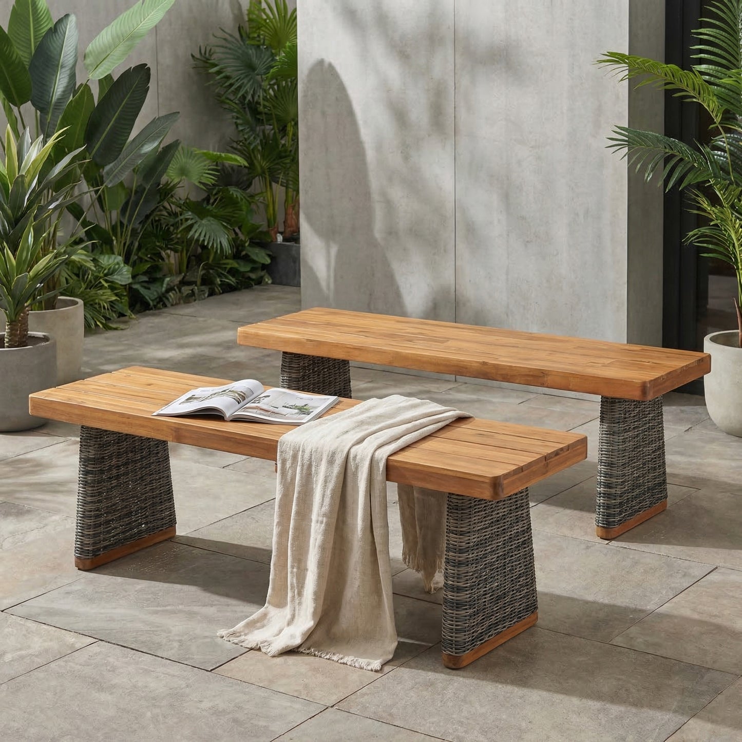 Outdoor Acacia Wood Bench Set Of 2 ,Teak Finish  Grey Wicker