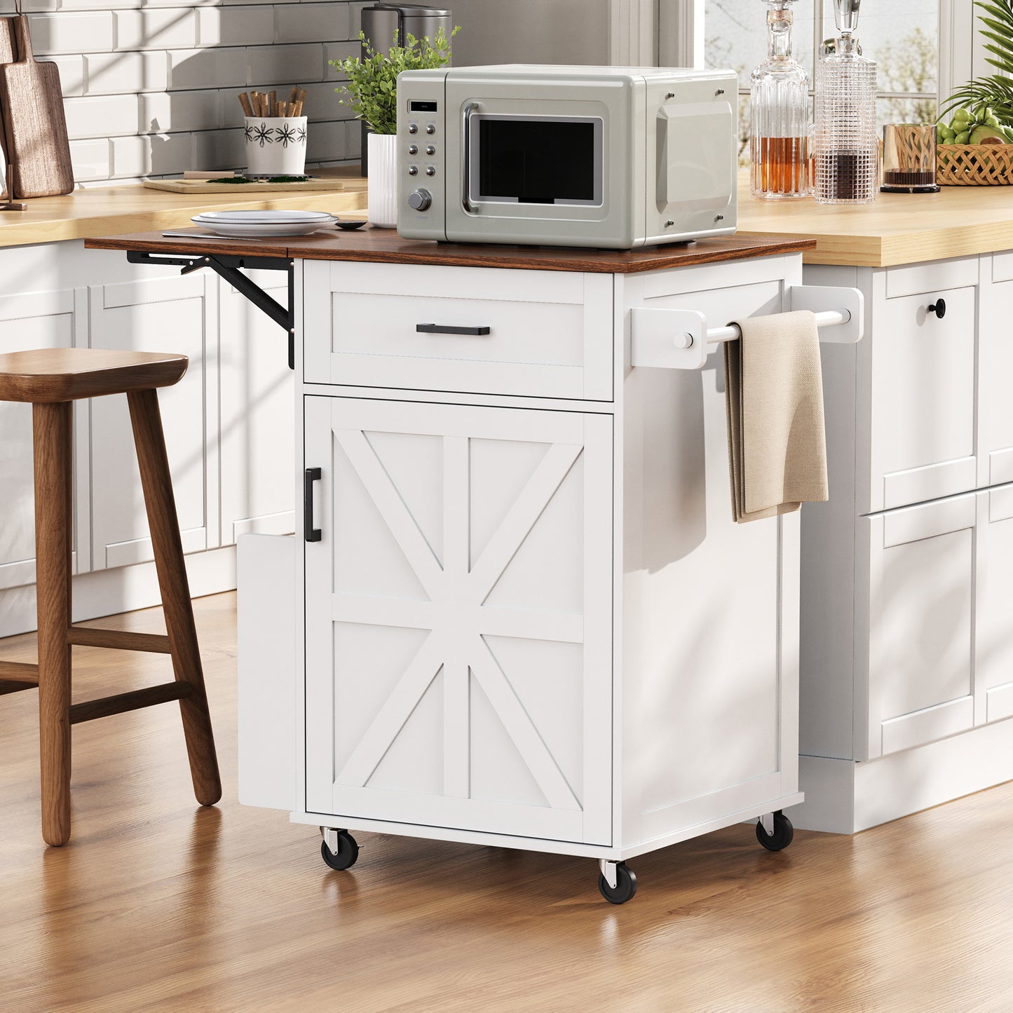 K&K 39.3  Farmhouse Kitchen Island With Drop Leaf, Kitchen Storage Island With Open Side Rack, One Drawer, Towel Rack, Rolling Kitchen Cart With Lockable Wheels For Lawn Garden, White