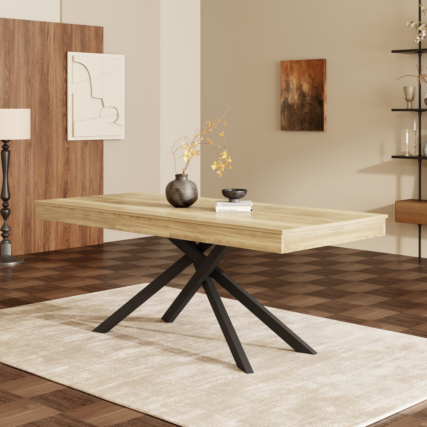 Extendable Dining Table, 140 180x80 Cm, Suitable For 6-8 People, Right Shape, Thickened Table Top, Metal Legs, Simple Style, Table For Dining Room, Kitchen, Living Room, Oak Color