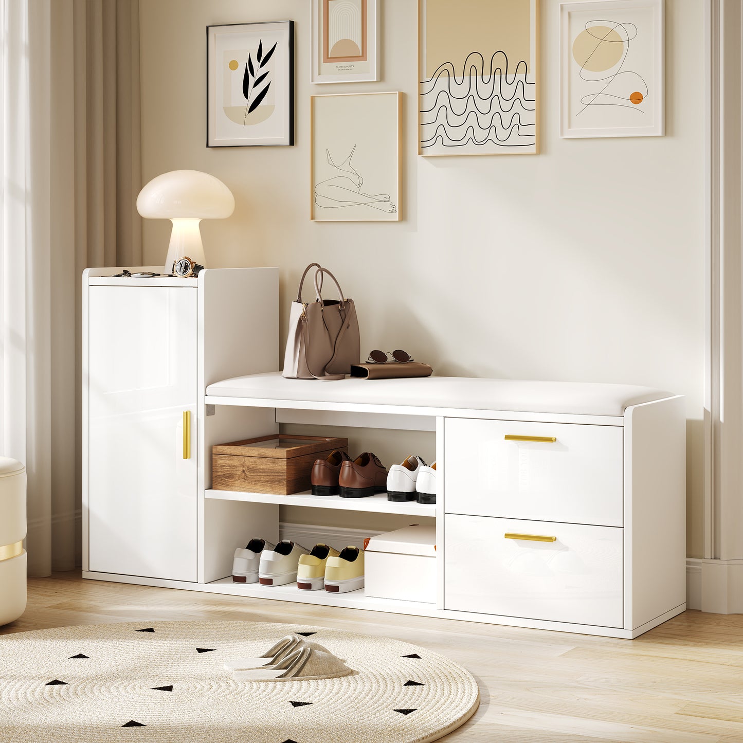 128x30x68cm Shoe Cabinet Shoe Rack With 2 Drawers 1 Cabinet, High Gloss Shoe Benches Benches With Upholstered And Storage Space, Suitable For Living Room, Hallway, Office, White