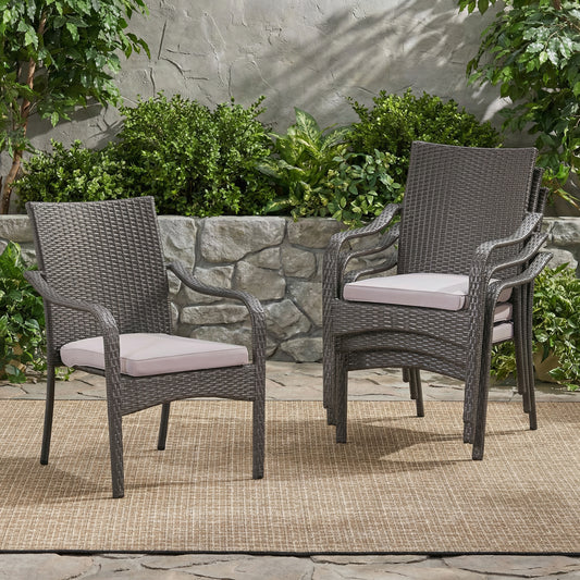 Outdoor PE Rattan Stacking Chair With Iron Frame And Cushions Set Of 4 , Grey Wicker