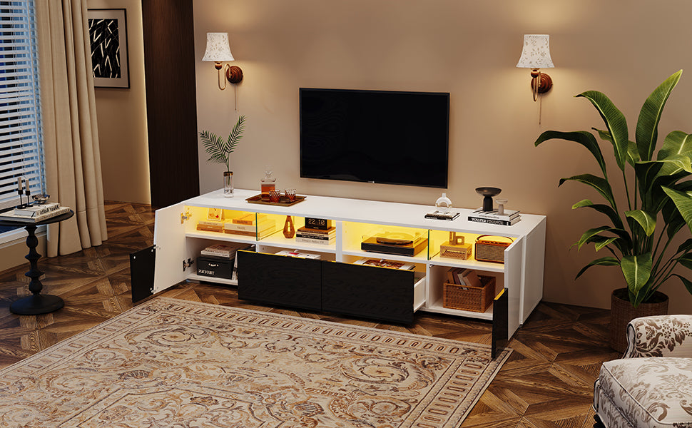180x38.5x45cm High Gloss TV Stand, TV Cabinet With LED Lighting, Lowboard, TV Table, TV Board, TV Cabinet, 2 Drawers, 2 Wardrobes, Open Storage Bins, For 80-Inch TV, White- Black