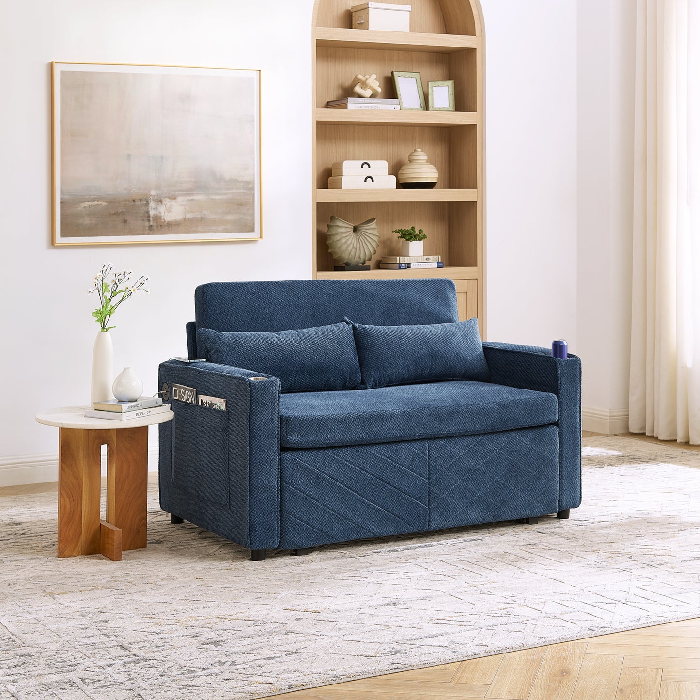3-in-1 Minimalist Grand & Elegant Light Luxury 2-Seater Sofa Bed, Slide-to-Transform Design, USB Charging, Perfect For Napping, Navy Blue