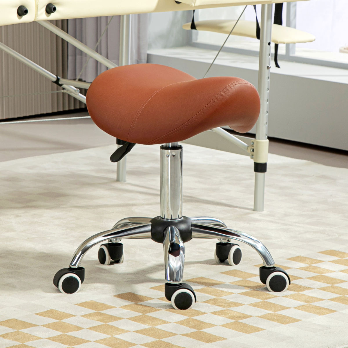 Saddle Stool, Height Adjustable Salon Chair For Massage Spa, Faux Leather, Brown