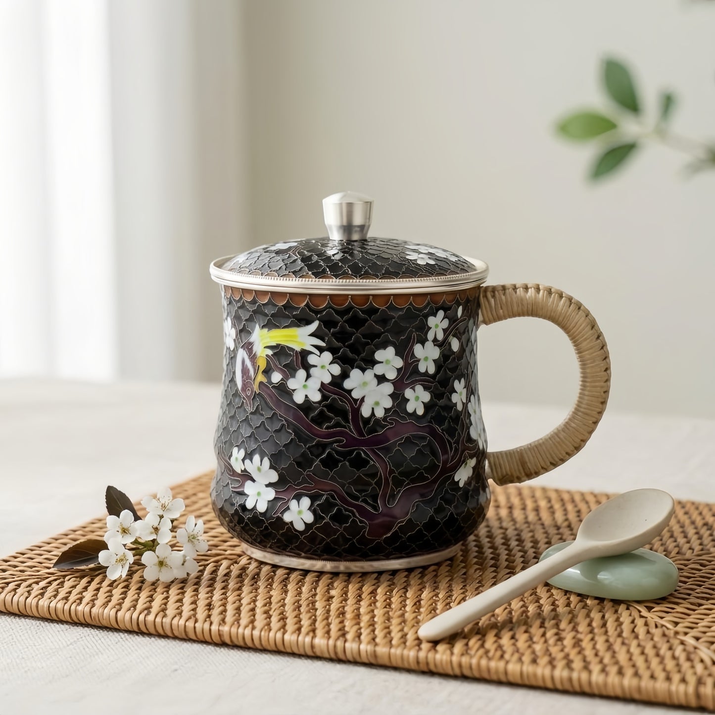 925 Sterling Silver Elegant Handcrafted Enamel Tea Mug with Plum Blossom and Bird Design - Handicraft